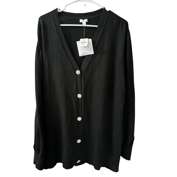 J. Jill NWT Black Cardigan Sweater 3X Plus Rhinestone Button Front Old Money - Picture 1 of 10